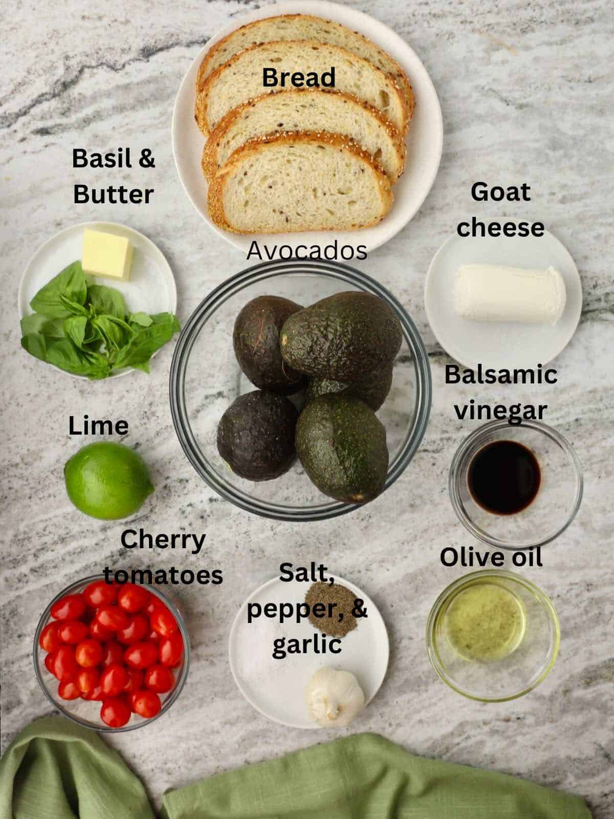 Ingredients for Avocado Toast include bread, avocados, lime, butter, goat cheese, and balsamic vinegar. 