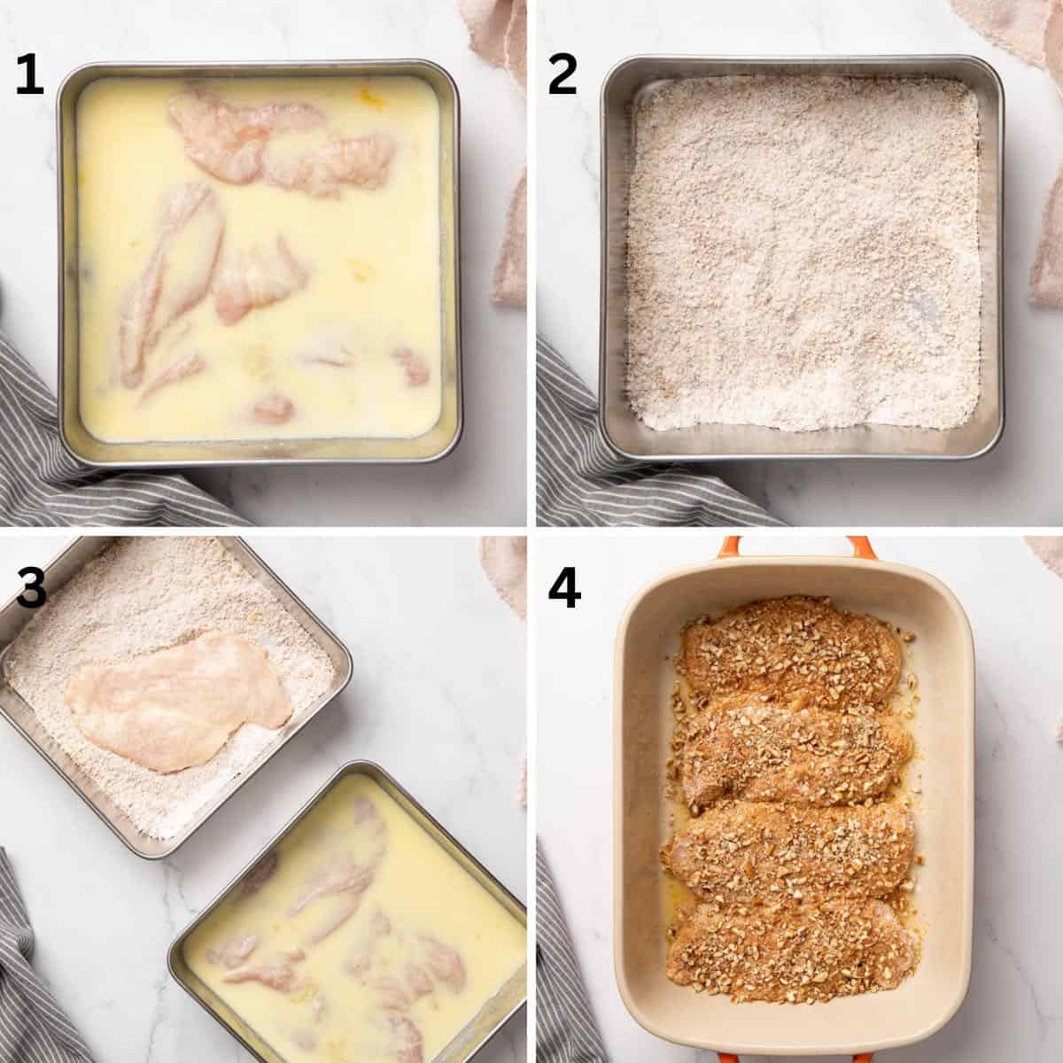 Process shots showing marinating chicken in buttermilk and coating them with pecan meal and chopped pecans.