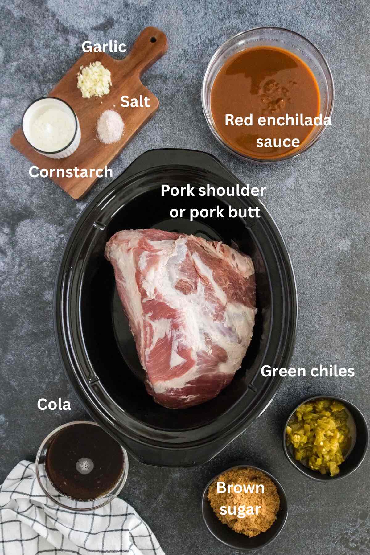 Ingredients include a pork butt in a crock-pot bowl, enchilada sauce, cola, brown sugar, and green chiles. 