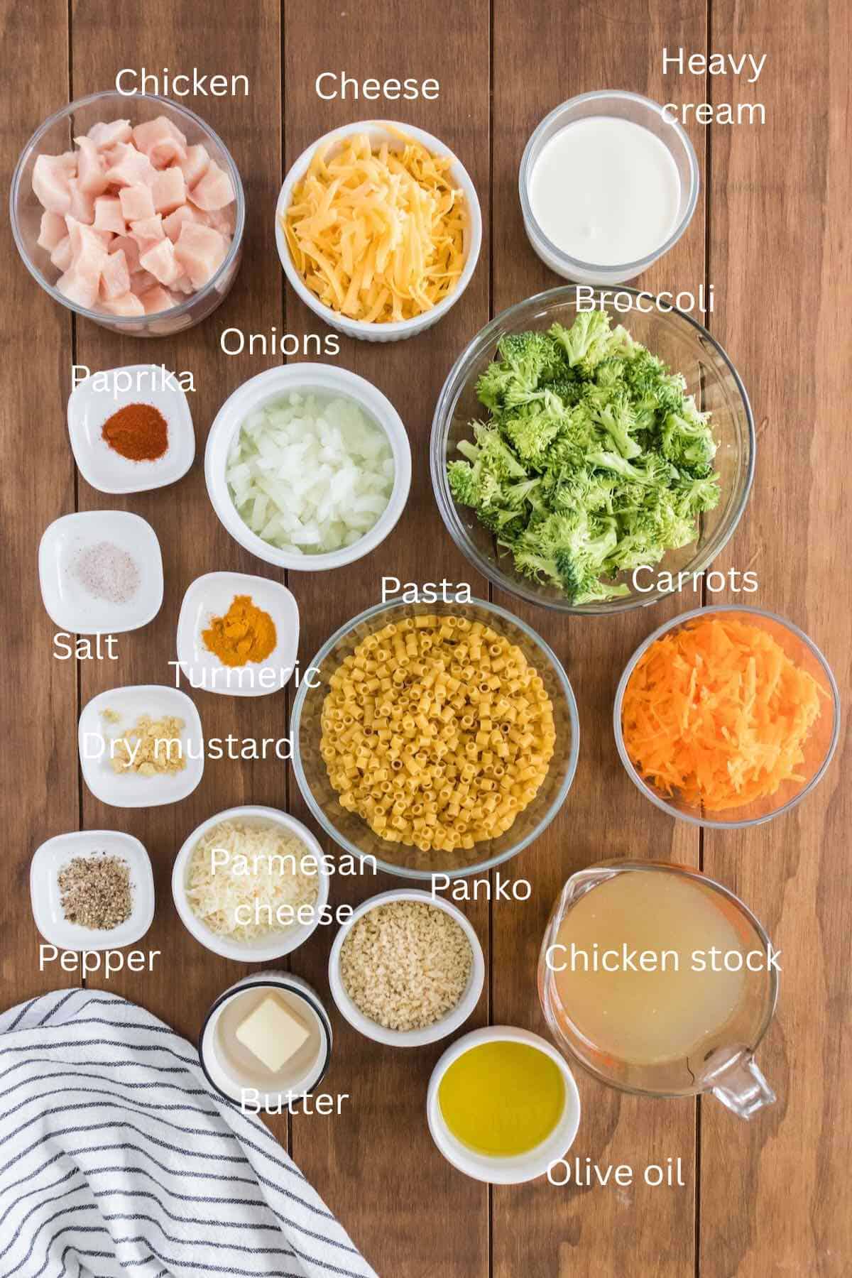 Ingredients for chicken broccoli pasta include, carrots, broccoli, chicken stock, heavy cream, chicken, spices, cheese, and seasonings. 