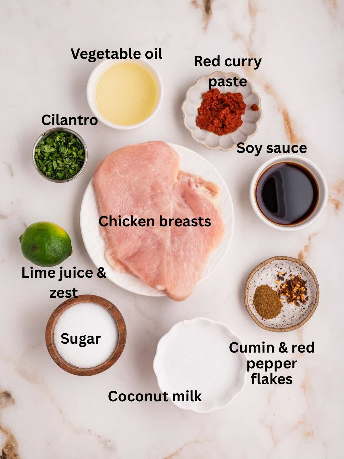Ingredients for Grilled Coconut Lime Chicken including marinade with images of coconut milk, red curry paste, limes, chopped cilantro, and soy sauce.