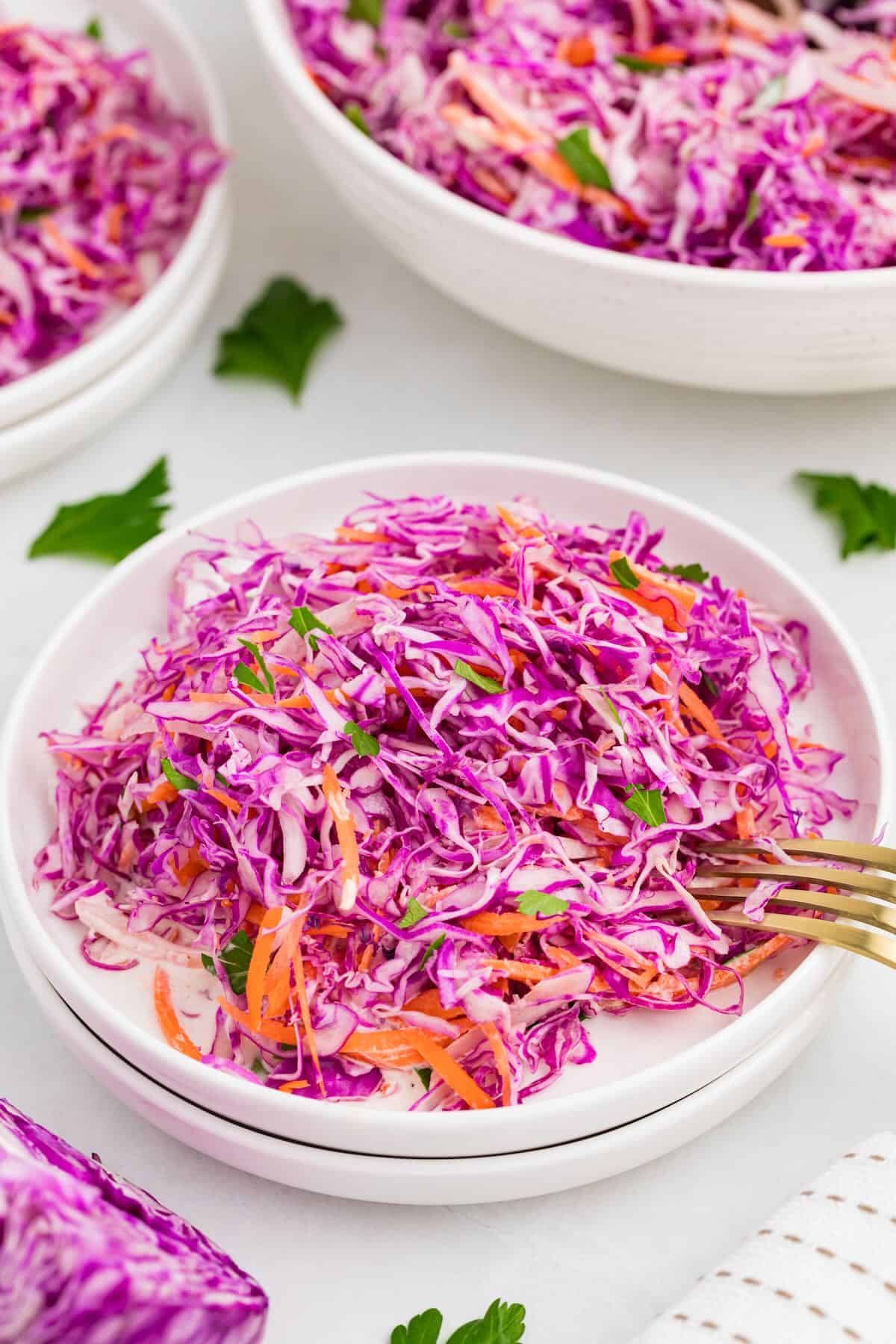 A serving of purple cabbage coleslaw on a plate with a fork.