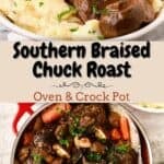 Pinterest pin featuring a braised chuck roast served over mashed potatoes, accompanied by a Dutch oven image, and text.