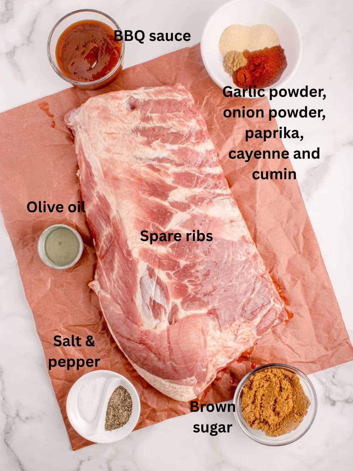 Ingredients needed to make smoked spare ribs include a dry rub, BBQ sauce, and a rack of ribs. 