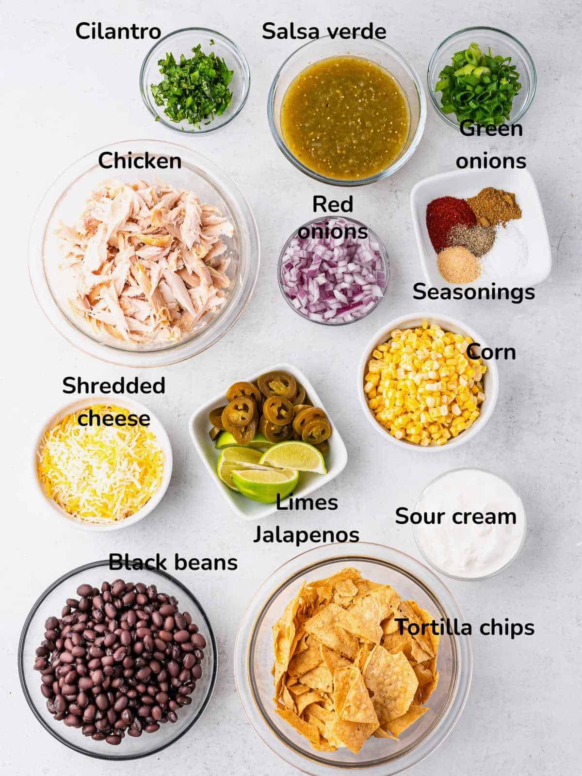 Ingredients on a table include cooked chicken, salsa verde, tortilla chips, sour cream, and black beans. 