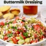 Pinterest pin showing a white bowl full of Southern Pea salad with field peas, cucumbers, tomatoes, corn, and onion.