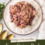 Pinterest pin with a photo of cooked red beans and rice served over rice on a white plate with a gold rib.