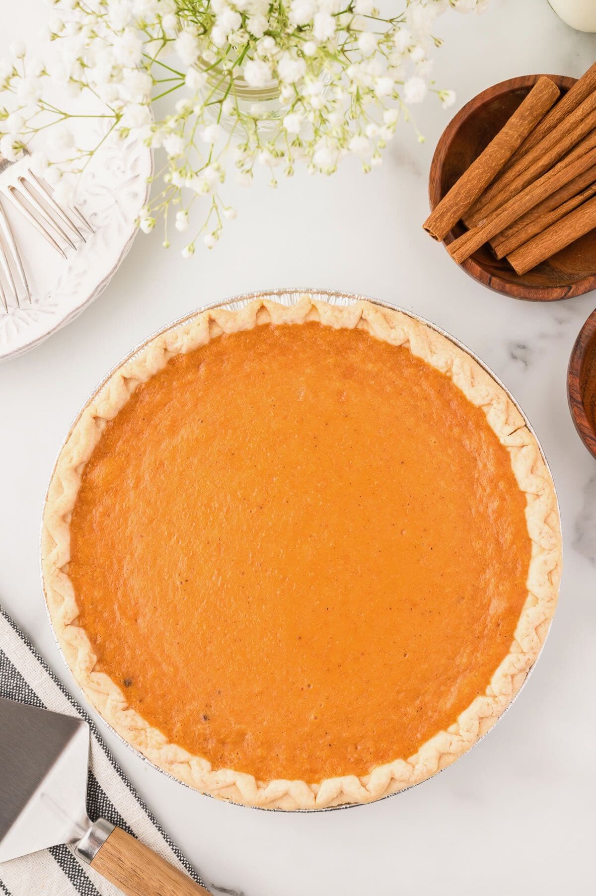 Sweet potato pie cooled and ready to slice.