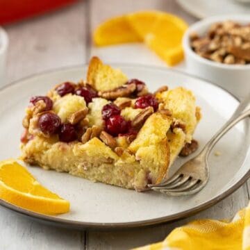 Brioche French Toast Casserole with Cranberries, a make-ahead holiday breakfast.