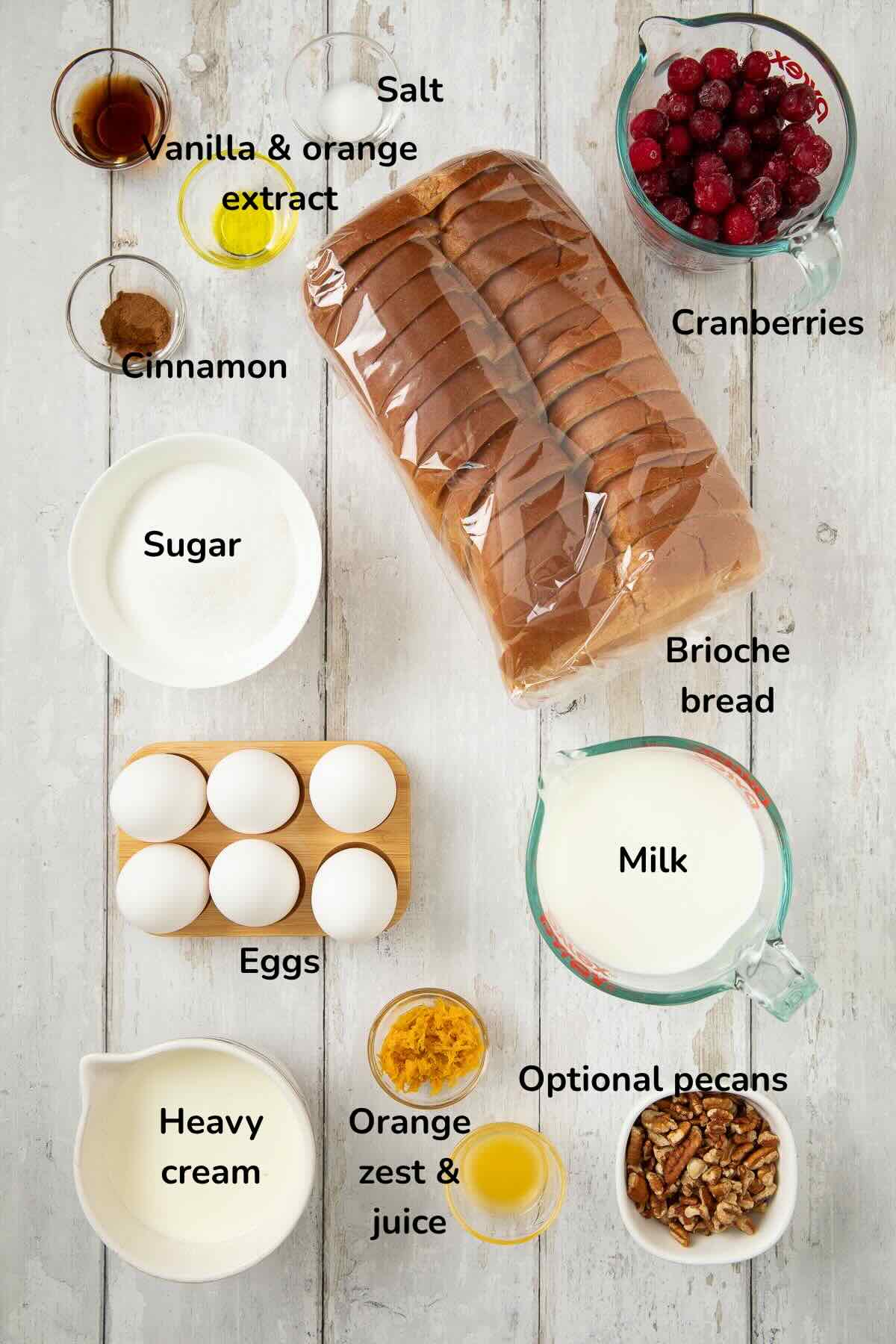 Ingredients for Brioche French Toast Casserole include a loaf of brioche bread, eggs, milk and heavy cream and flavorings. 