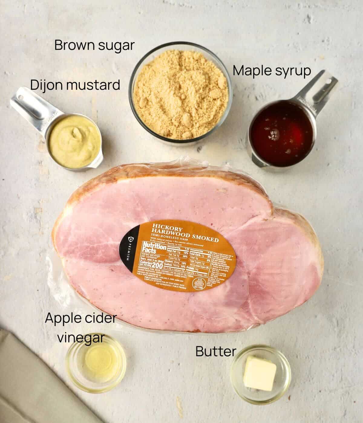 Ingredients for Maple Glazed Ham includes a smoked semi-boneless ham, maple syrup, brown sugar and Dijon mustard. 