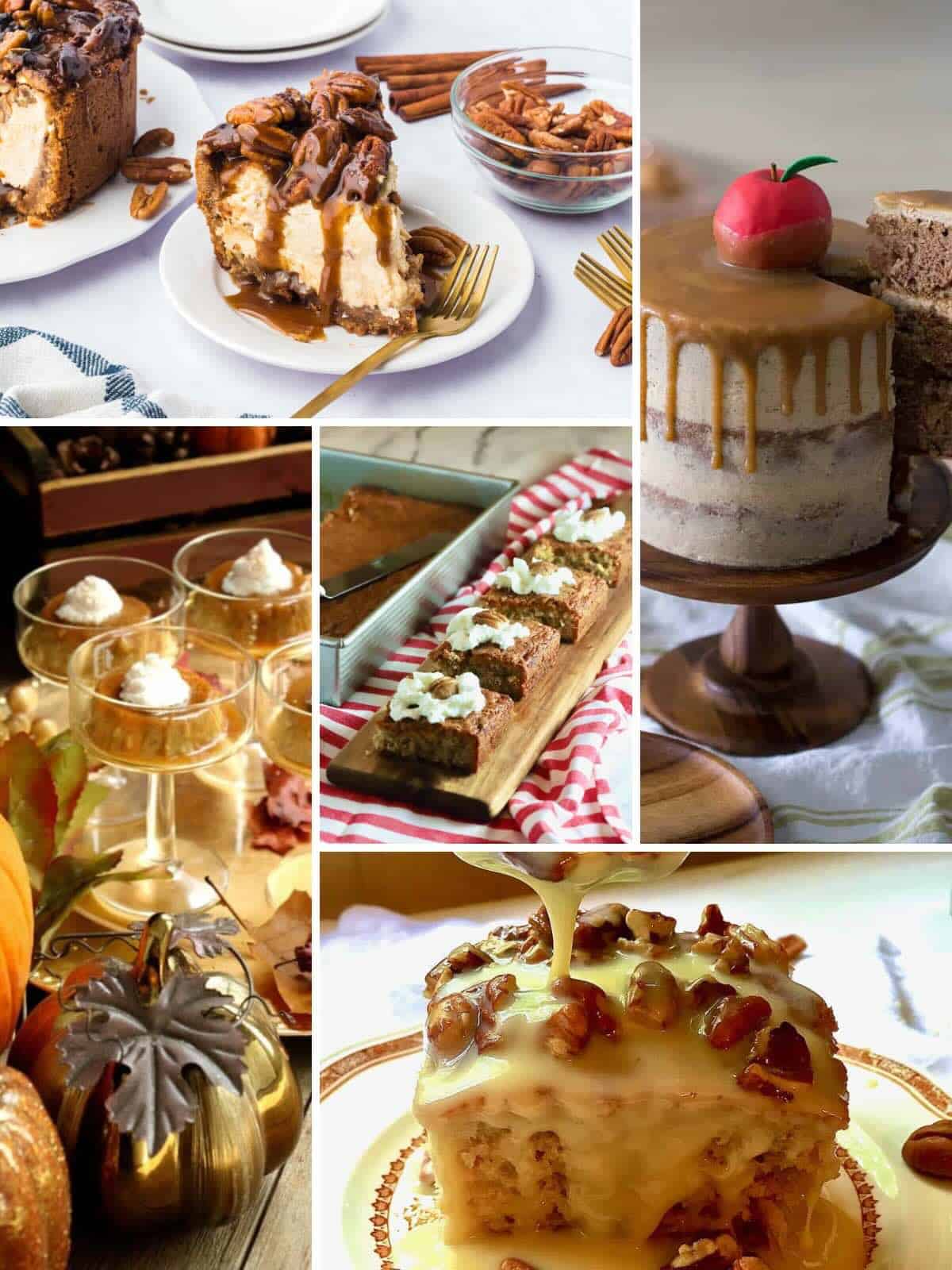 A collage of non-traditional Thanksgiving desserts including pecan pie cheesecake, pecan praline cake, caramel flan, and Georgia cornbread cake. 