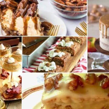 A collage of five non-traditional Thanksgiving desserts including pecan pie cheesecake, pecan praline cake, caramel flan, and Georgia cornbread cake.