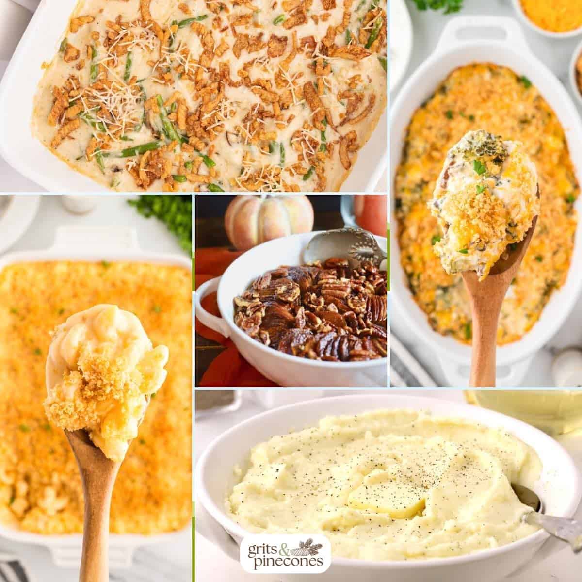 A collage of five thanksgiving side dishes including mac and cheese, broccoli cheese, and green bean casseroles. 
