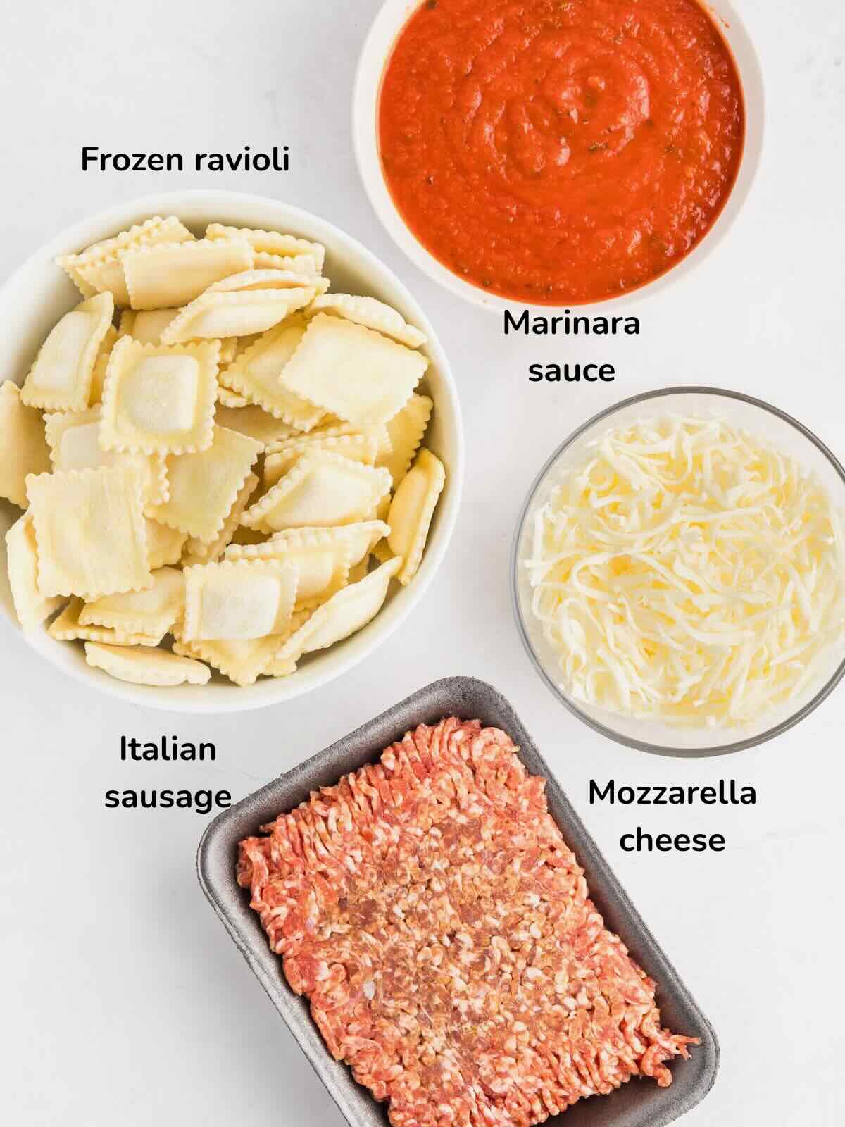 Ingredients for baked ravioli include Italian sausage, marinara sauce, frozen ravioli, and mozzarella cheese.