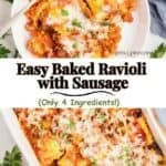 A large serving of baked ravioli topped with melted mozzarella cheese and garnished with chopped parsley on a plate and the whole casserole in a white baking dish.