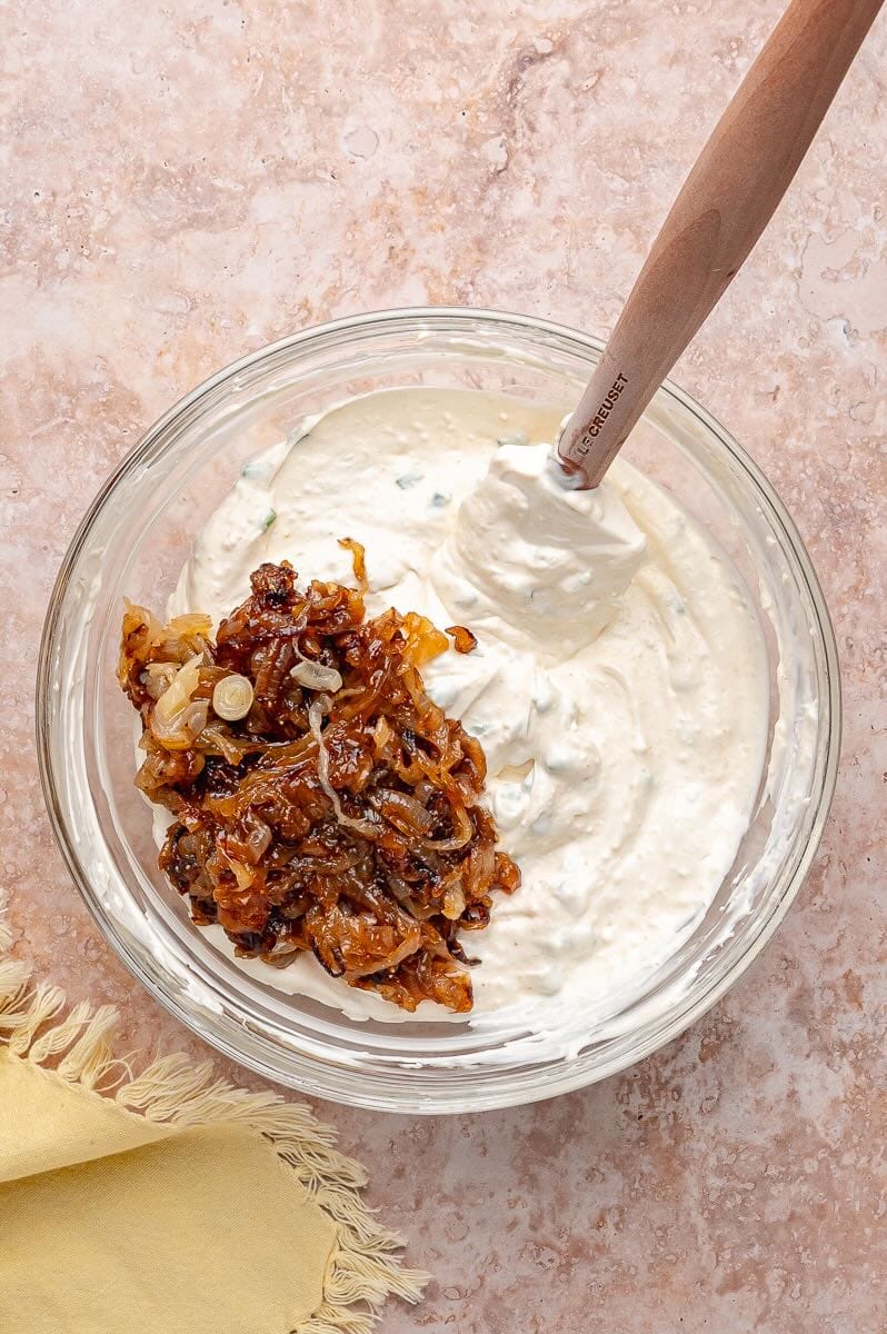Caramelized jammy onions with a base of sour cream, cream cheese, mayo, and seasonings.