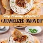 Bowls full of caramelized onion dip garnished with more caramelized onions and chives.