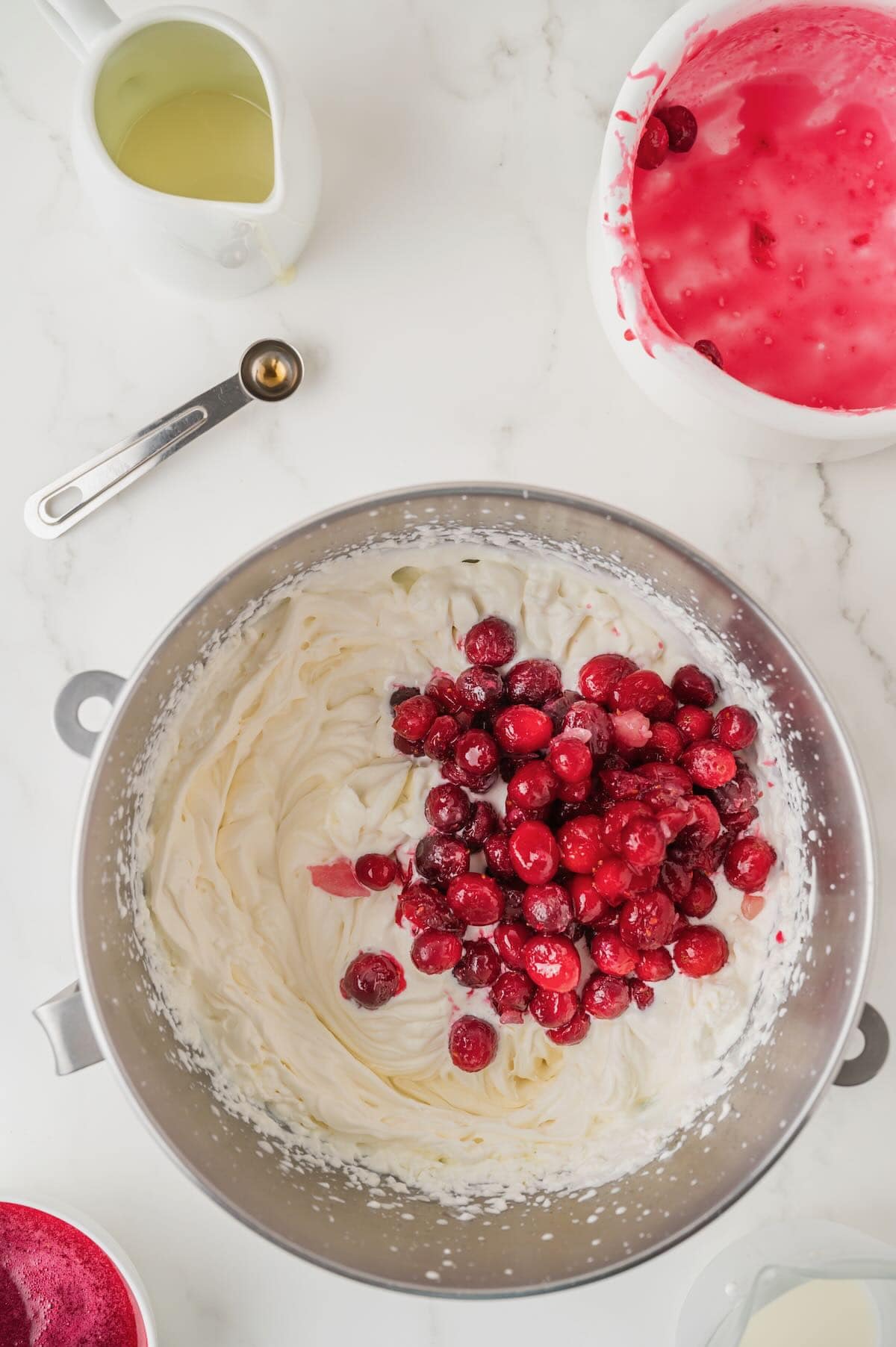 Cranberry mixture added to the whipped ice cream mixture.