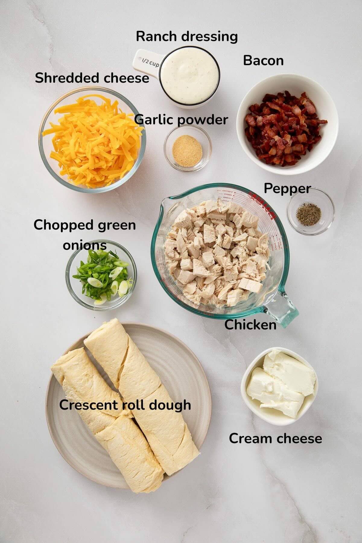 Ingredients for Chicken Bacon Ranch Crescent Ring include two rolls of purchased crescent roll dough.
