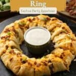 Pinterest pin showing a Chicken Bacon Ranch Crescent Ring with a bowl of dip in the middle, plus text.