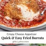 A fried burrata ball that has been cut open to show the cream inside along with another image of the whole fried burrata ball.