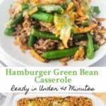 Hamburger green bean casserole in a baking dish and a serving on a plate.