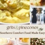 A collage with images of potato salad, fried chicken, mashed potatoes, pound cake and black-eyed peas, plus text.