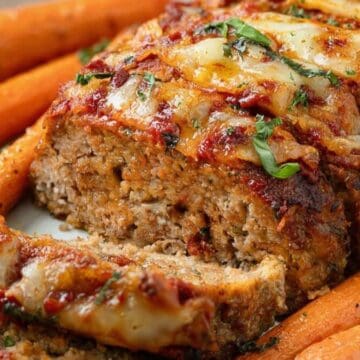 Small meatloaf sliced on a cutting board with tomato balsamic glaze and melted mozzarella, showing juicy interior and caramelized edges.