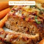 Small meatloaf recipe sliced on a cutting board with tomato balsamic glaze and melted mozzarella, showing juicy interior and caramelized edges, with text.