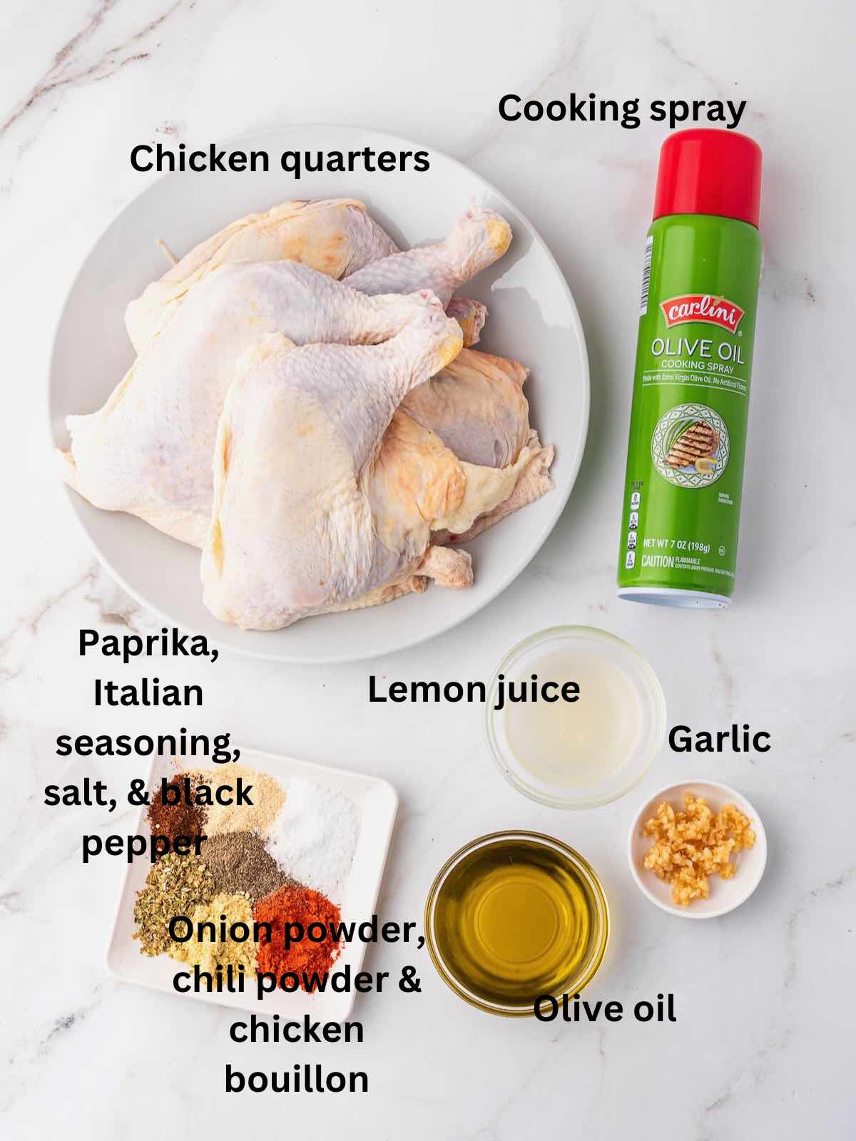 Ingredients to make air fried chicken leg quarters and a lemon and garlic marinade.