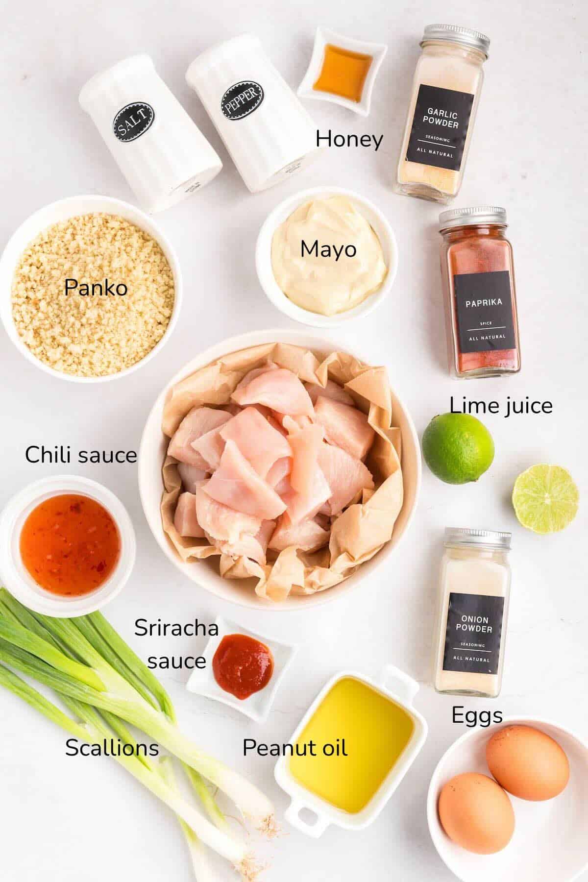 Ingredients for Bang Bang Chicken includes cut up chicken, oil, chili sauce, lime juice and seasonings.