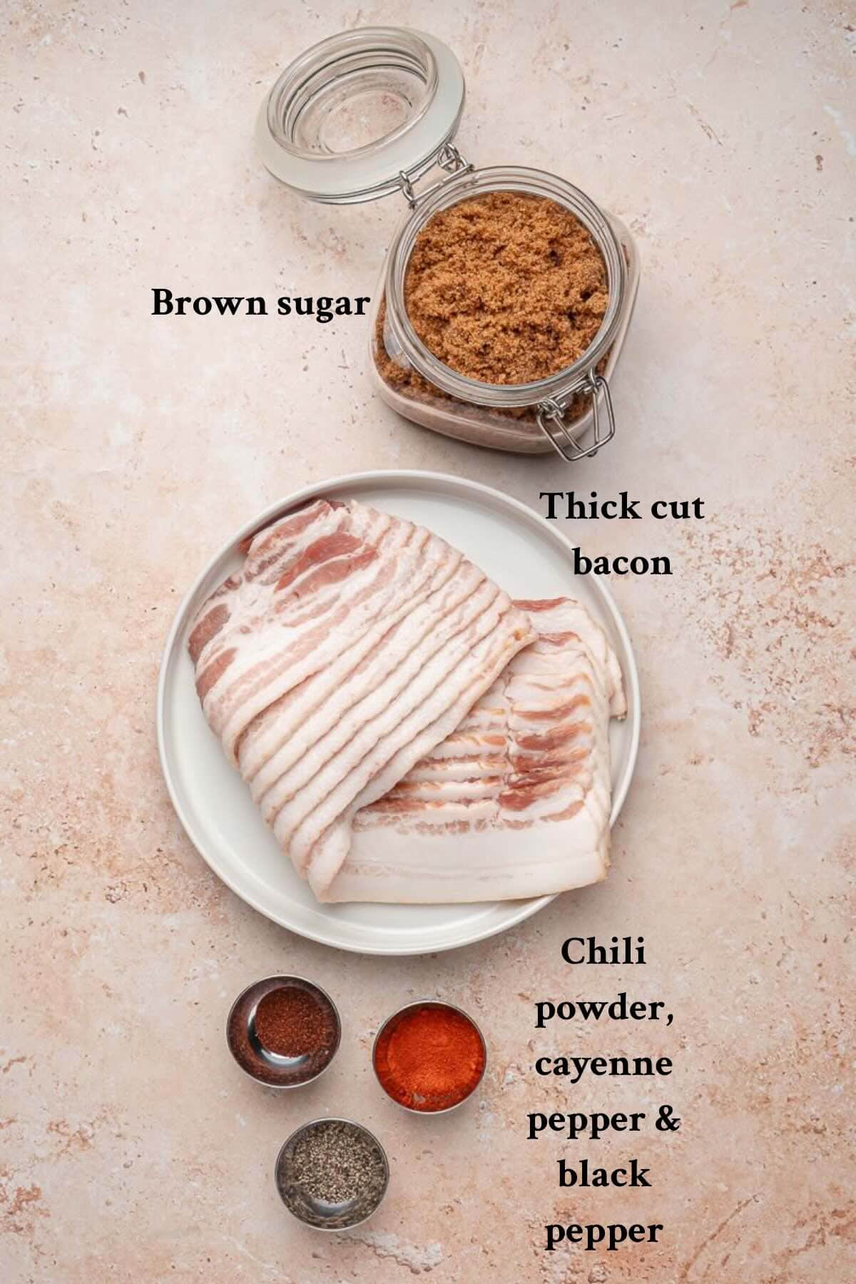 Ingredients for brown sugar bacon include thick cut bacon, brown sugar and spices.