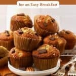 Chocolate chunk banana muffins stacked on a plate, plus text.
