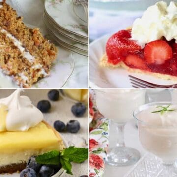 A collage of four spring desserts including strawberry pie, carrot cake and lemon cheesecake.