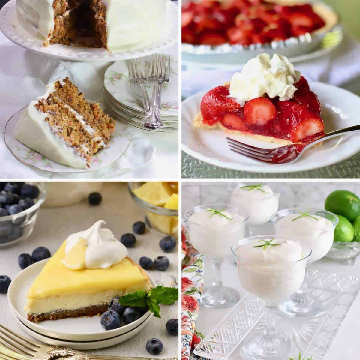 A collage of four spring desserts including strawberry pie, carrot cake and lemon cheesecake.