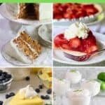 A collage of four spring desserts including strawberry pie, carrot cake and lemon cheesecake, plus text.