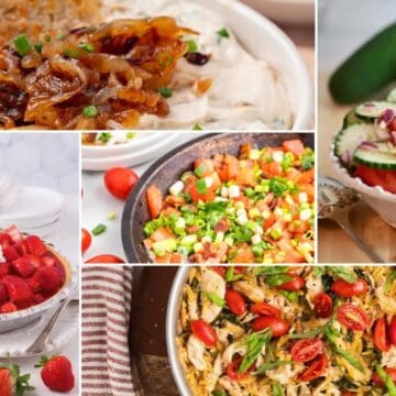 Collage of easy spring party food including appetizers, salads, and desserts for casual entertaining.