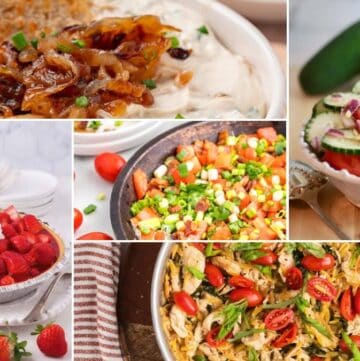 Collage of easy spring party food including appetizers, salads, and desserts for casual entertaining.