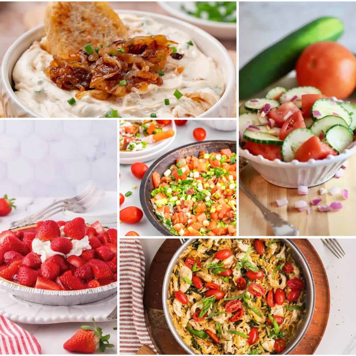 Collage of easy spring party food including appetizers, salads, and desserts for casual entertaining.