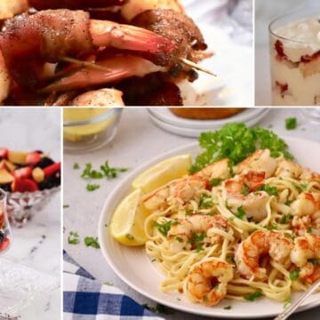 A collage of 4 Spring dishes including fruit salad, shrimp pasta, and strawberry trifle.