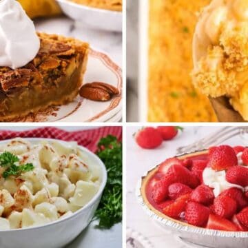A collage of four old fashioned recipes including pecan pie, mac & cheese, and creamed potatoes.