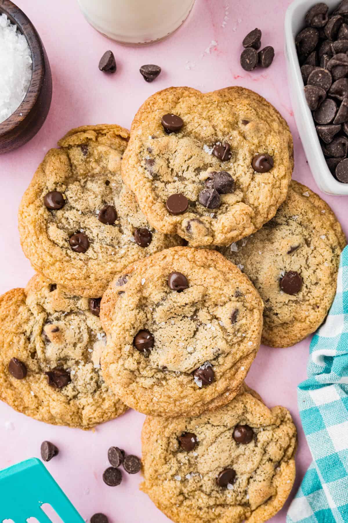 Small batch chocolate chip cookies on a counter. 
