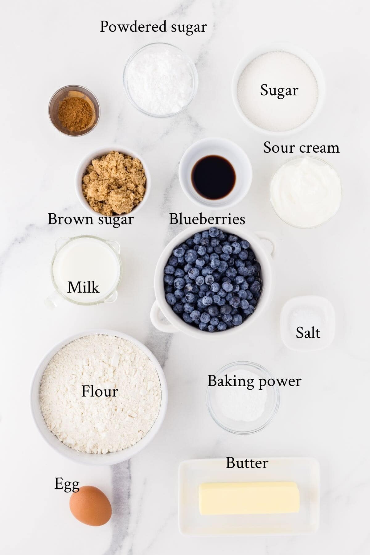 Ingredients for lemon blueberry coffee cake, streusel, and lemon glaze.