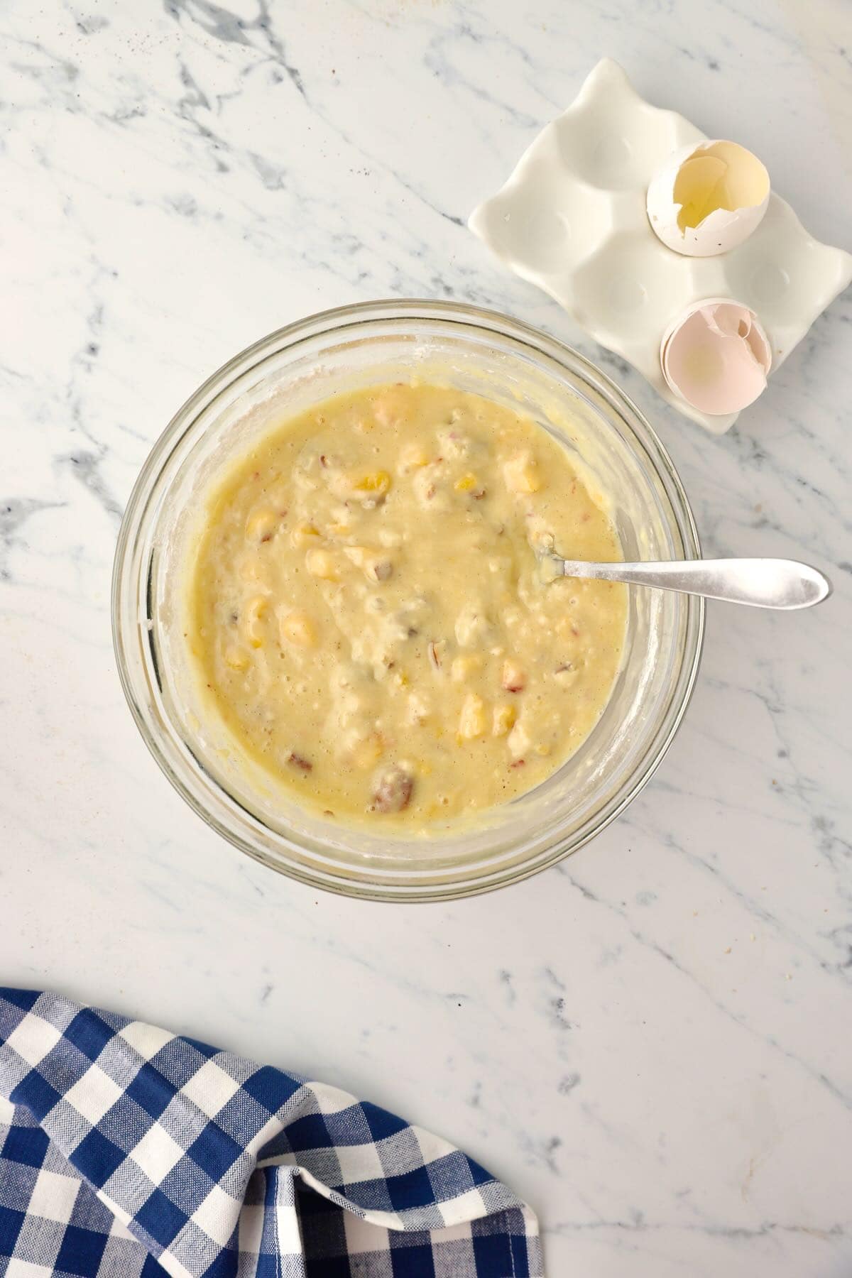 Add flour and the rest of the ingredients to a glass bowl.