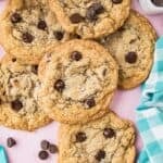 Chocolate chip cookies after baking topped with a sprinkle of sea salt.