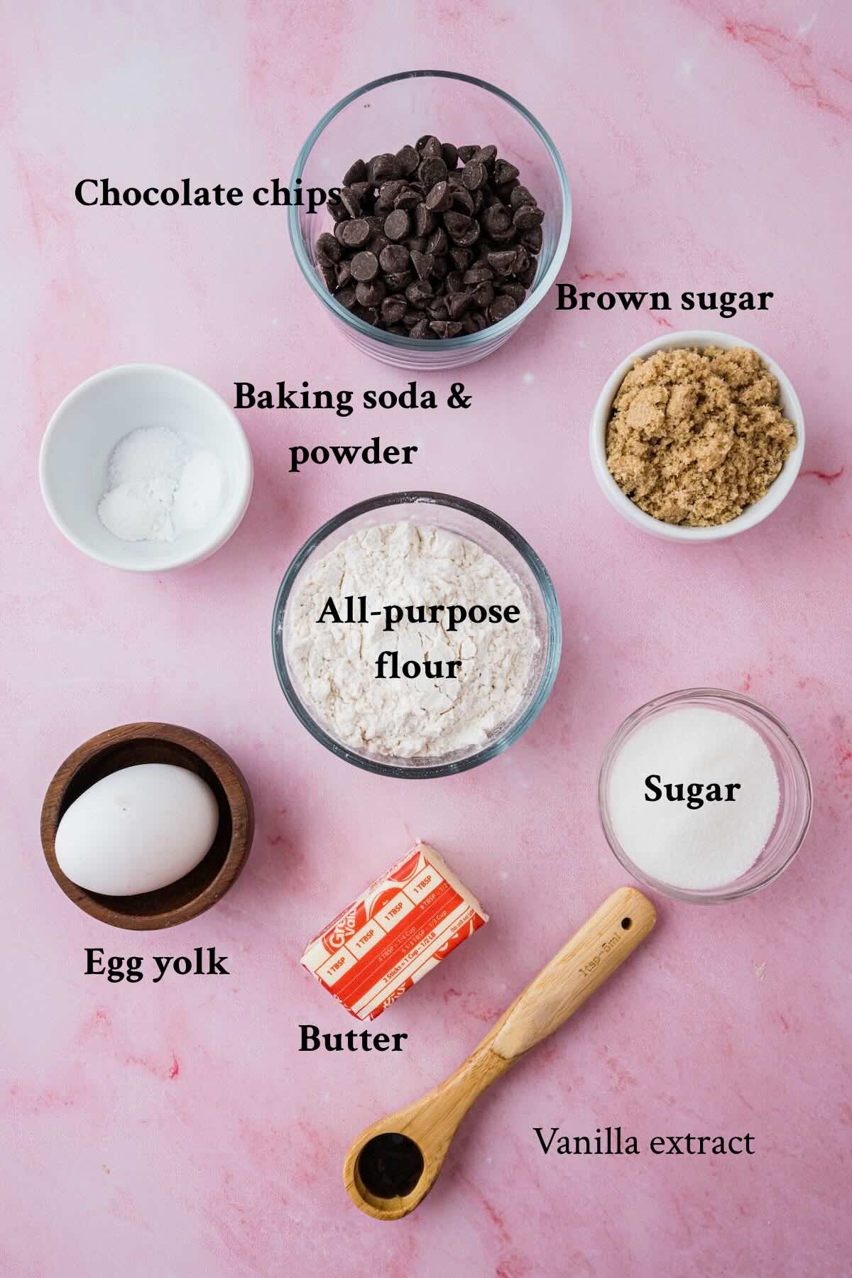 Ingredients for chocolate chip cookies includes flour, chocolate chips sugar, butter and egg.