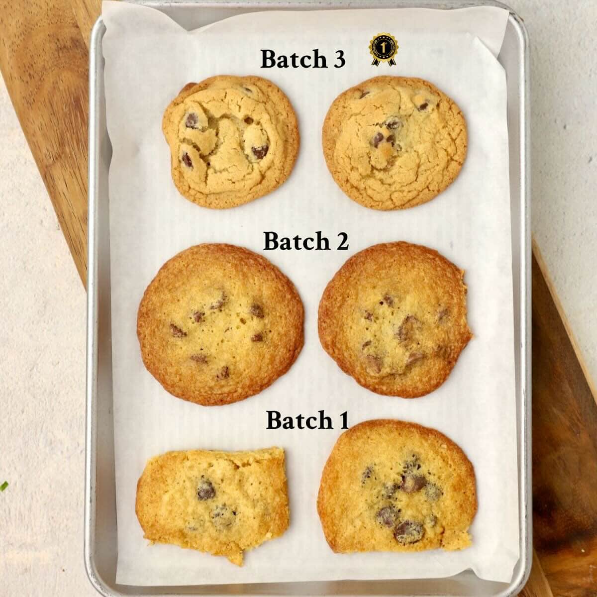 Three test batches of chocolate chip cookies.