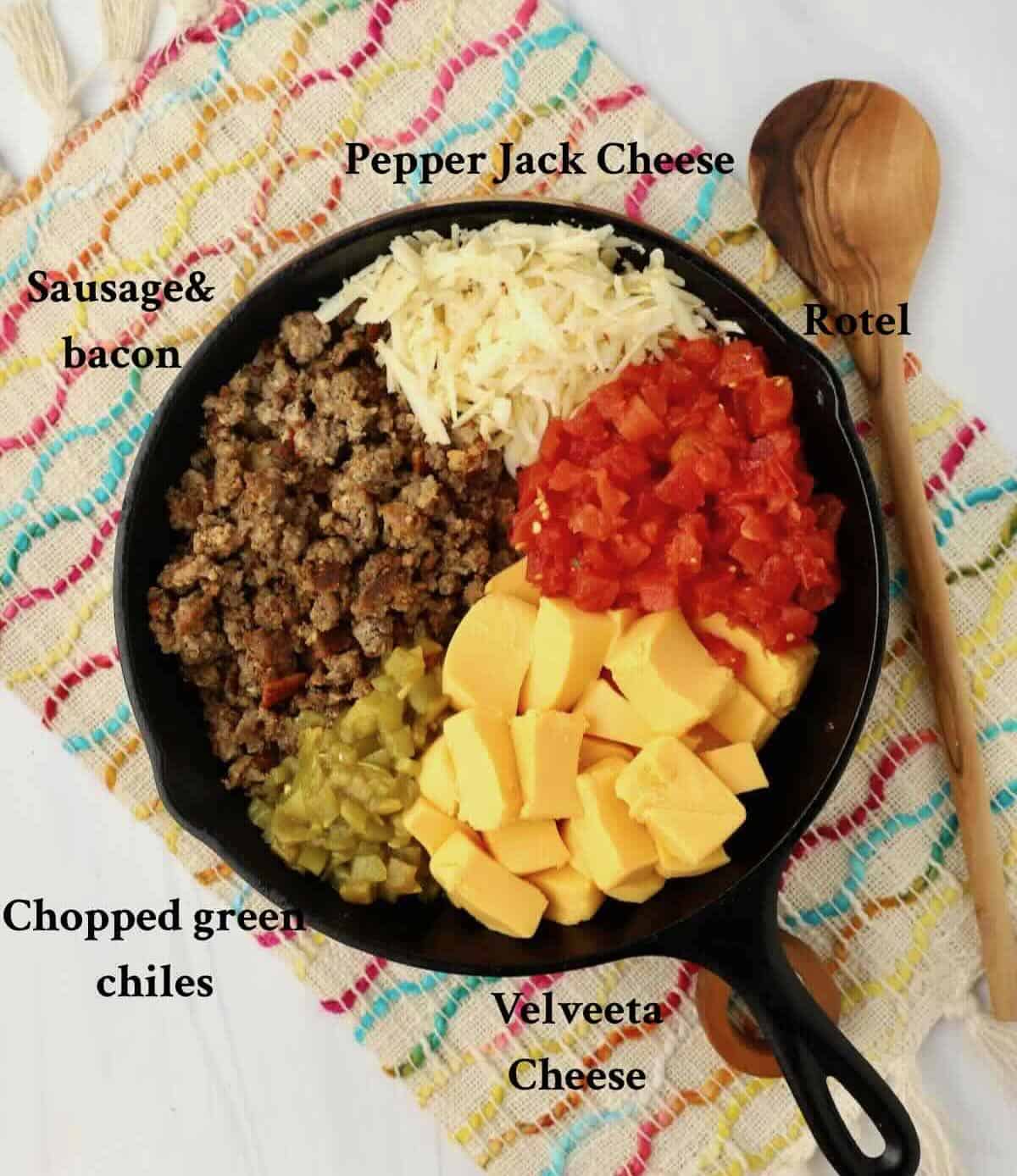Ingredients to make smoked queso dip include, sausage, bacon, two types of cheeses, rotel and chopped green chiles.