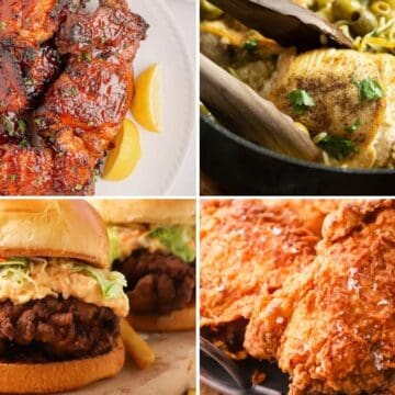 Collage of easy chicken thigh recipes including grilled chicken thighs, skillet chicken dinners, casseroles, and baked chicken thigh recipes.